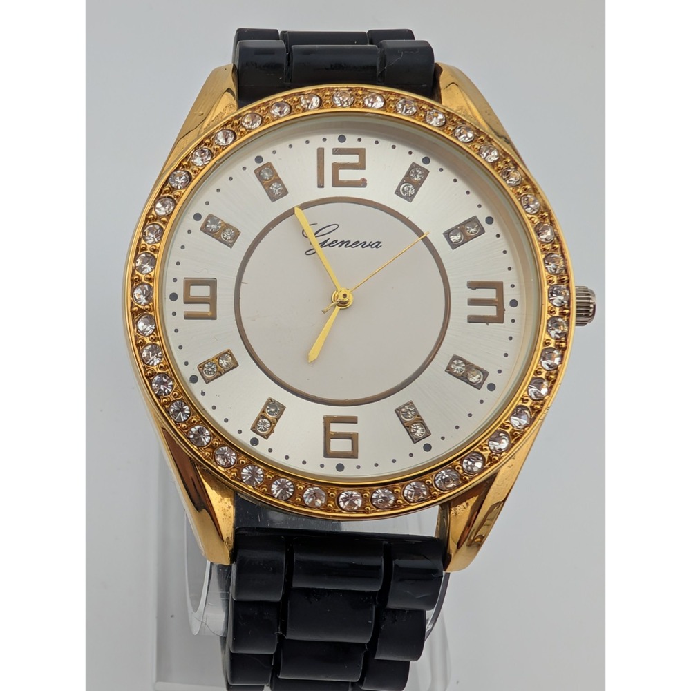 Geneva Watch Women 42mm Gold Case Black Silicone Band Crystal Bezel New Battery
